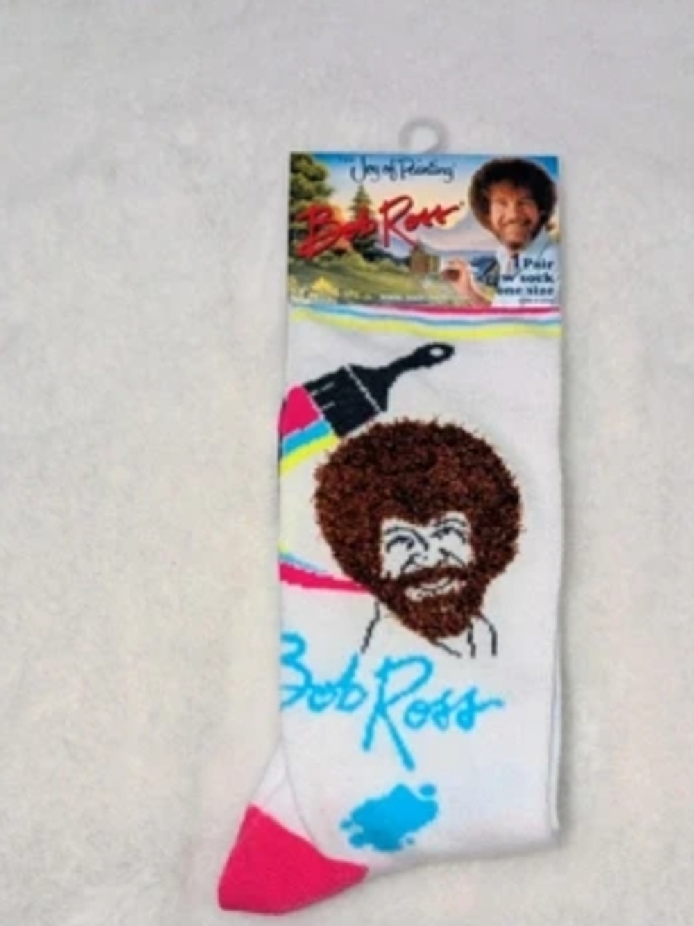 Bob Ross White Socks with Pink Accent and Portrait - NEW